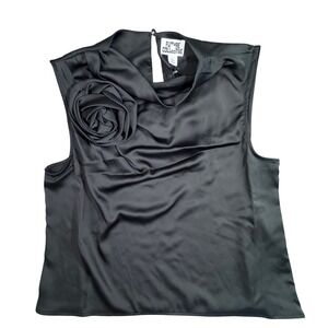 Future Collective Black Satin Rosette Sleeveless Top Blouse Large NWT 258022412